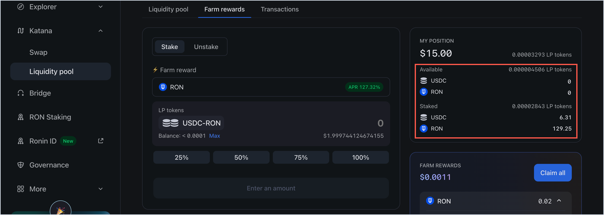 Position after staking